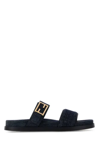 Fendi Blue Cotton Polyester Denim Sandals
