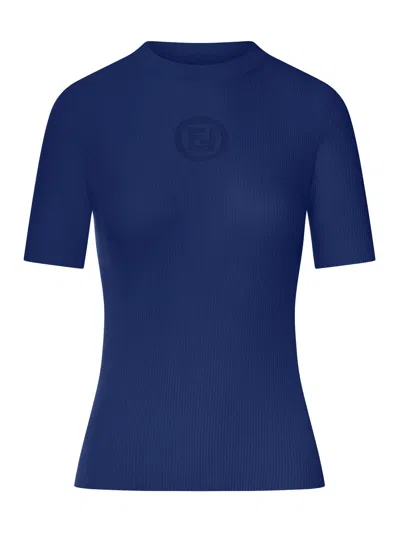 Fendi Blue Cotton Sweater With Front Logo