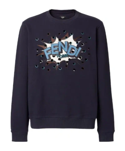 Fendi Blue Cotton Sweatshirt With Embroidery