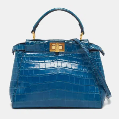 Pre-owned Fendi Blue Crocodile Mini Peekaboo Top Handle Bag
