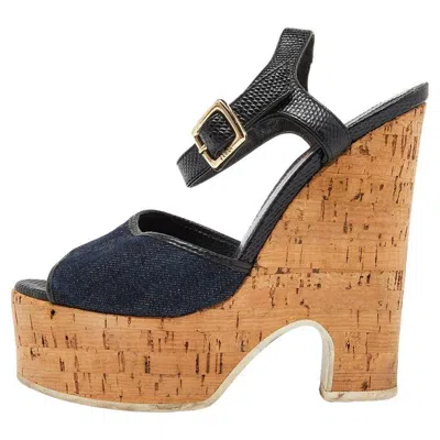 Pre-owned Fendi Blue Denim Cork Wedge Sandal Heels, 35, 2000s