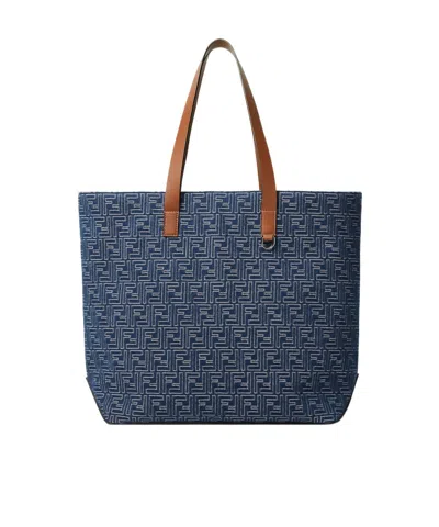 Fendi Blue Denim-effect Ff Jacquard And Brown Leather Bag