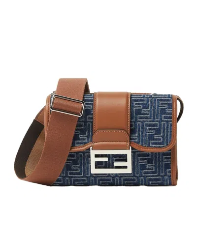 Fendi Denim-effect Ff Jacquard And Leather Double Baguette Bag In Blue