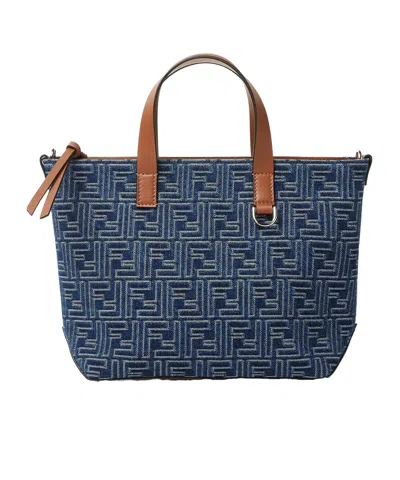 Fendi Blue Denim-effect Ff Jacquard And Brown Leather Bag