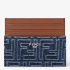 Fendi Blue Denim Effect Ff Jacquard Card Holder And Brown Leather Men In Blue