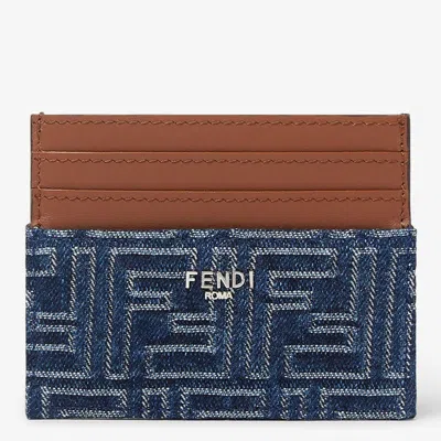 Fendi Blue Denim Effect Ff Jacquard Card Holder And Brown Leather Men In Neutral