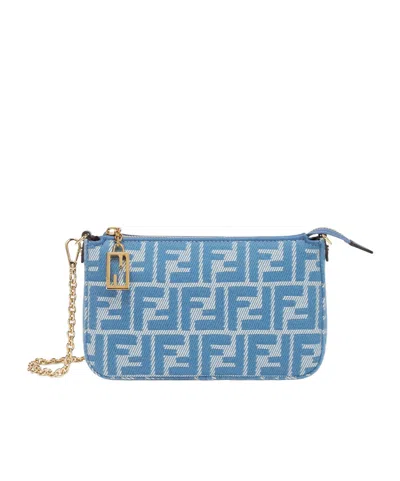 Fendi Blue Denim-effect Ff Jacquard Charm Pouch With Chain