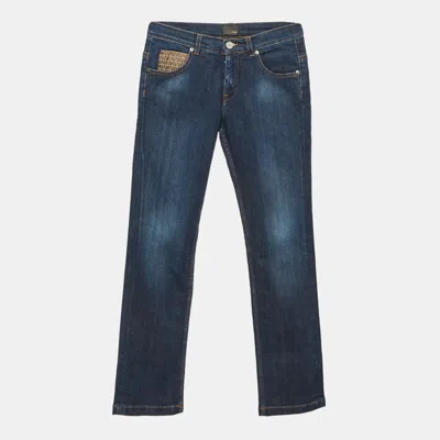 Pre-owned Fendi Blue Denim Ff Logo Trim Jeans 12 Yrs/waist 26"