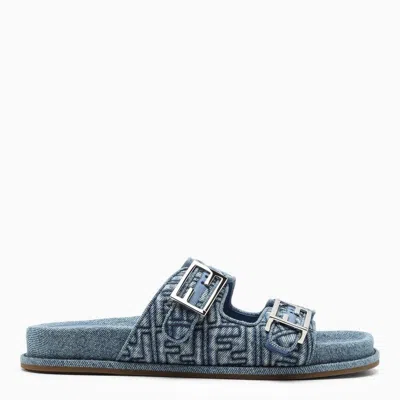 FENDI BLUE DENIM SLIDE WITH QUILTED LOGO MOTIF AND FF BUCKLES