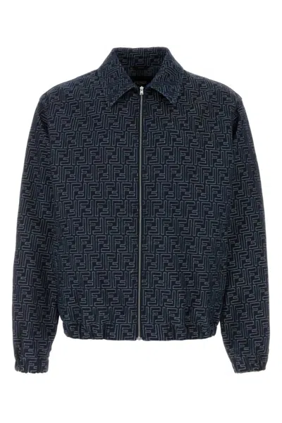 FENDI BLUE EMBROIDERED DENIM BOMBER JACKET