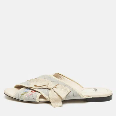 Pre-owned Fendi Blue Embroidered Fabric Crisscross Bow Flat Slides Size 37.5