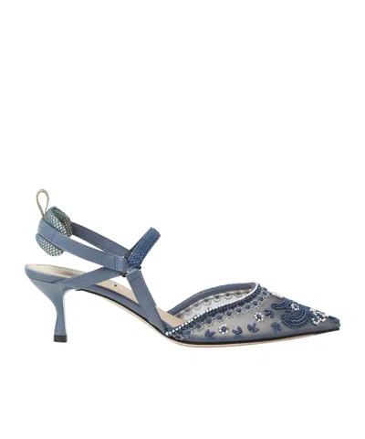 Fendi Blue Embroidered Mesh Medium-heeled Slingbacks