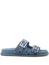 Fendi Ff Embroidered Denim Dual Buckle Slide Sandals In Blue