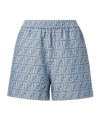 Fendi Embroidered Chambray Shorts With All-over Pattern In Blue