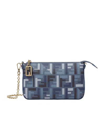 Fendi Blue Ff Fabric Pouch With Chain