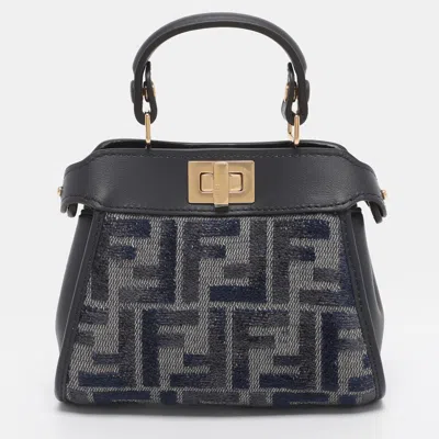 Pre-owned Fendi Blue Ff Jacquard And Leather Nano Peekaboo Crossbody Bag