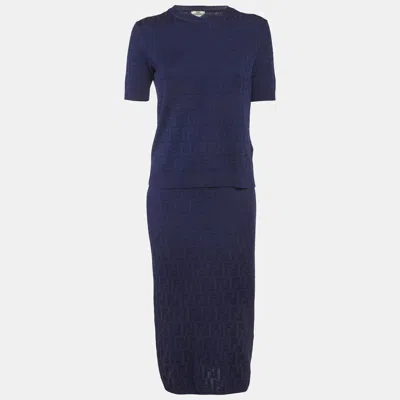 Pre-owned Fendi Blue Ff Jersey Top And Skirt Set S/m