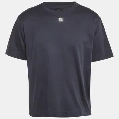 Pre-owned Fendi Blue Ff Metallic Detail Cotton Crewneck T-shirt L