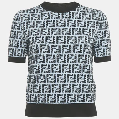 Pre-owned Fendi Blue Ff Zucca Intarsia Knit Short Sleeve Knit Top S