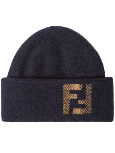 Fendi Blue Fleece Cashmere Beanie Gradient In Black