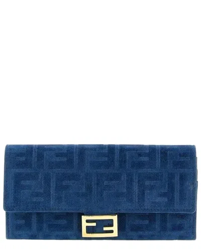 Pre-owned Fendi Blue Flocked Denim Continental Wallet On Chain (authentic Pre-loved)