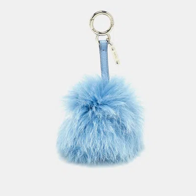 Pre-owned Fendi Blue Fur And Leather Pom Pom Bag Charm