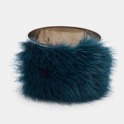 Pre-owned Fendi Blue Fur Silver Tone Hinged Cuff Bracelet