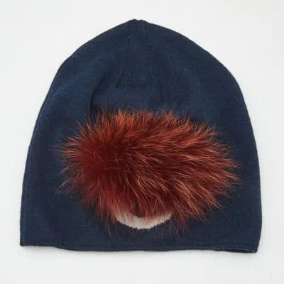 Pre-owned Fendi Blue Fur Trim Wool Knit Beanie
