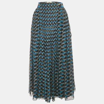 Pre-owned Fendi Blue Geometric Print Silk Pleated Midi Skirt S