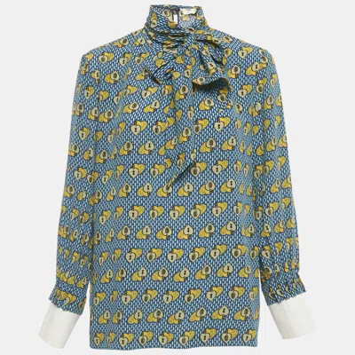 Pre-owned Fendi Blue Heart Lock Printed Silk Neck Tie Detail Top M