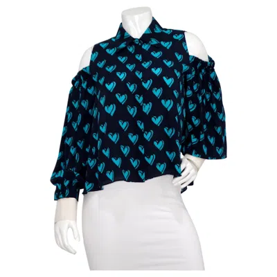 Pre-owned Fendi Blue Heart Print Silk Cold Shoulder Button-up Long Sleeve Blouse