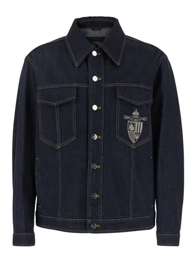 FENDI FENDI MEN BLUE JACKET WITH CLASSIC COLLAR AND LOGO EMBROIDERY ON THE FRONT IN DENIM MAN
