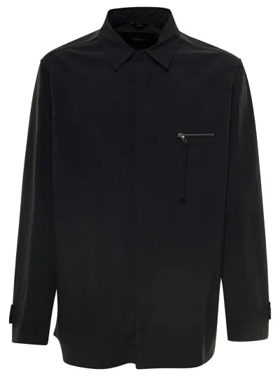 Fendi Blue Jacket With Patch Zipped Pocket And Logo In Nylon Man In Multicolor