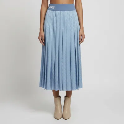 Pre-owned Fendi Blue Jacquard Pleated Flared Midi Skirt M