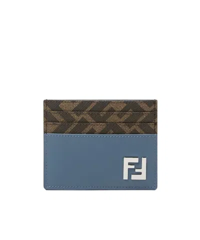 Fendi Blue Leather And Brown Ff Canvas Card Holder
