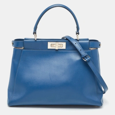 Pre-owned Fendi Blue Leather Medium Peekaboo Top Handle Bag