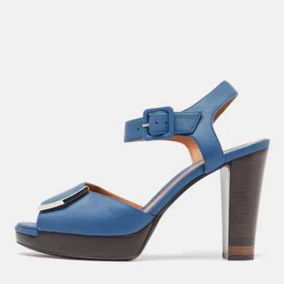 Pre-owned Fendi Blue Leather Metal Logo Open-toe Ankle-strap Platform Sandals Size 39