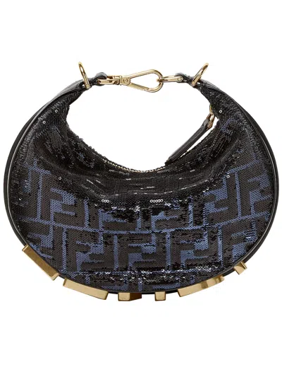 Fendi Blue Leather Satchel Mini Embroidery In Black