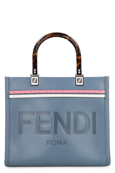 Fendi Blue Leather Tote Bag With Tortoiseshell Handles For Women