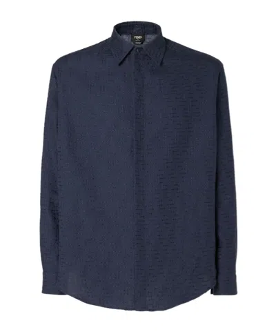 Fendi Blue Linen Ff Jacquard Shirt