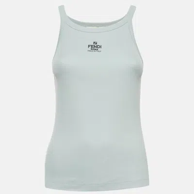 Pre-owned Fendi Blue Logo Embroidered Rib Knit Tank Top M