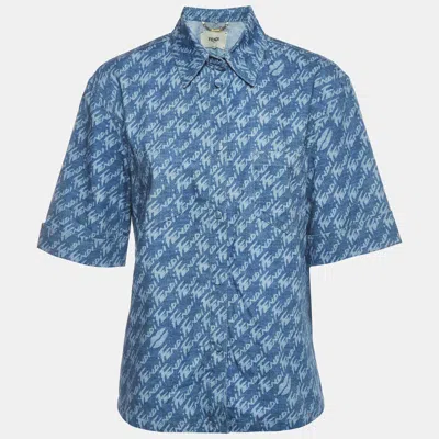 Pre-owned Fendi Blue Logo Print Chambray Short Sleeved Shirt M