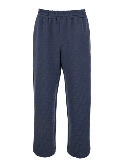 Fendi Blue Pants With All-over Embossed Ff Motif And Elastic Waist In Cotton Blend Man In Multicolor