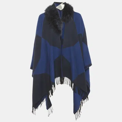 Pre-owned Fendi Blue Real Fur Trim Cotton Poncho One Size