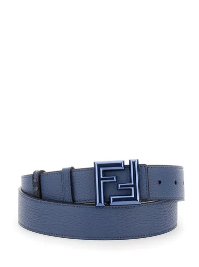 Fendi Blue Reversible Belt With Ff Rounded Buckle In Leather And Canvas Woman In Multicolor