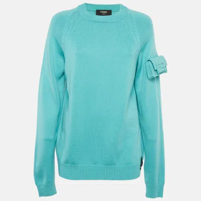 Pre-owned Fendi Blue Rib Knit Little Bag Sweater L