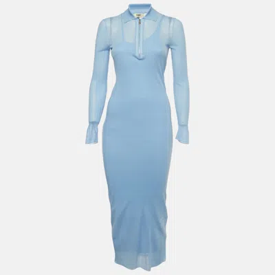 Pre-owned Fendi Blue Rib Knit Long Dress S
