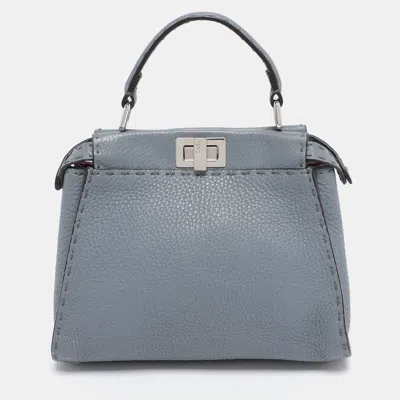 Pre-owned Fendi Blue Selleria Leather Mini Peekaboo Top Handle Bag