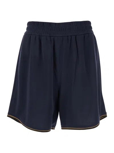 Fendi Blue Shorts With All-over Tone-on-tone Ff Motif And Elastic Waist In Fabric Man In Multicolor
