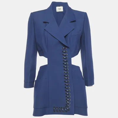 Pre-owned Fendi Blue Silk Blend Waist Cut-out Jacket Dress M